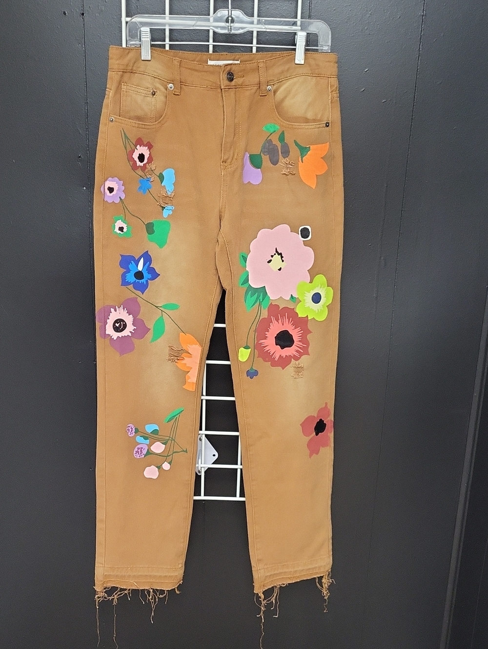 MISSLOOK Tan Straight-Leg Jeans with Multicolor Floral, Size M